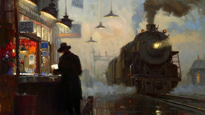 Train at a bustling station