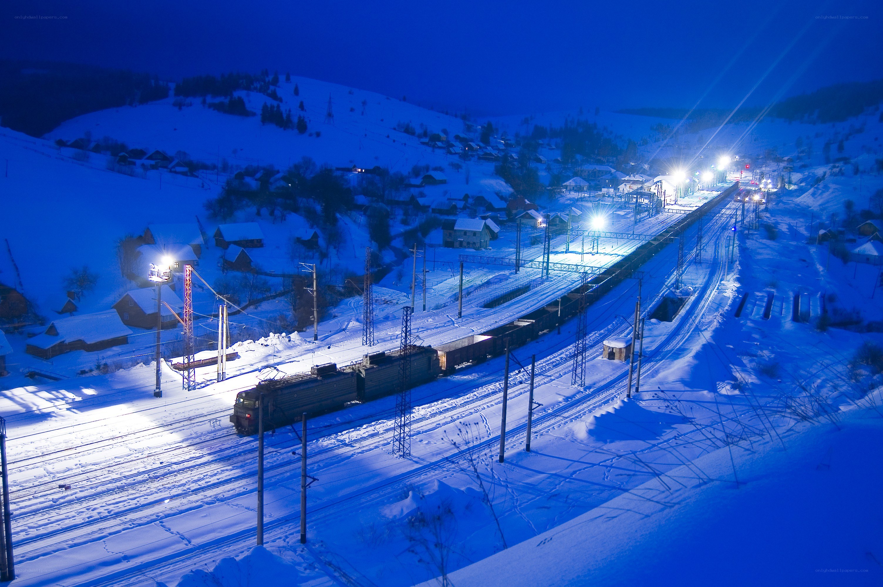 Train at a snowy station