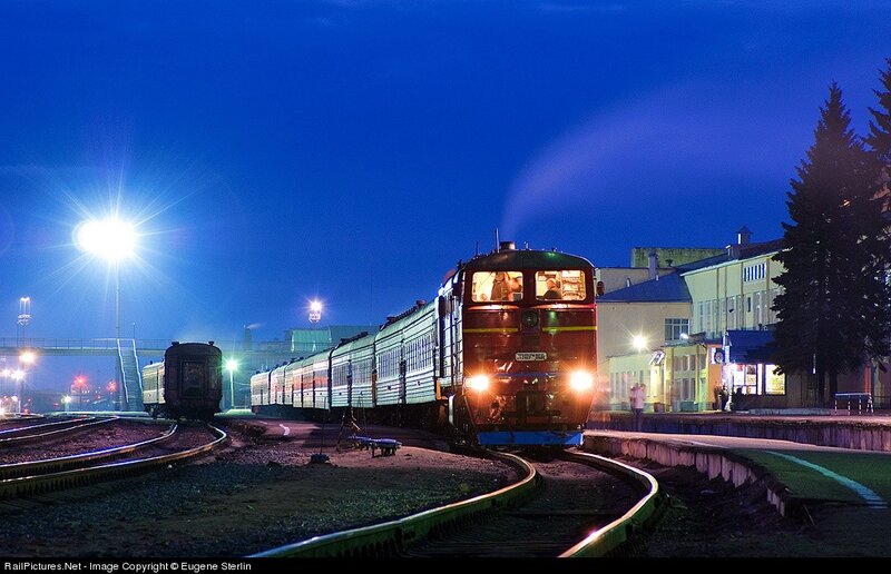Train at a station at night