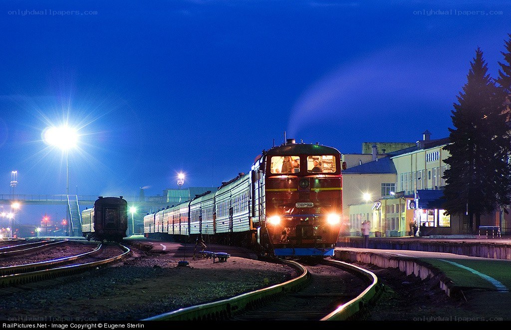 Train at a station at night