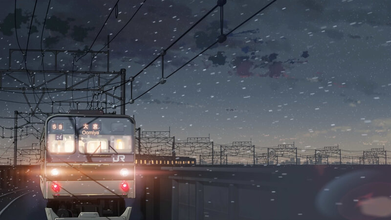 Train at dusk in the rain