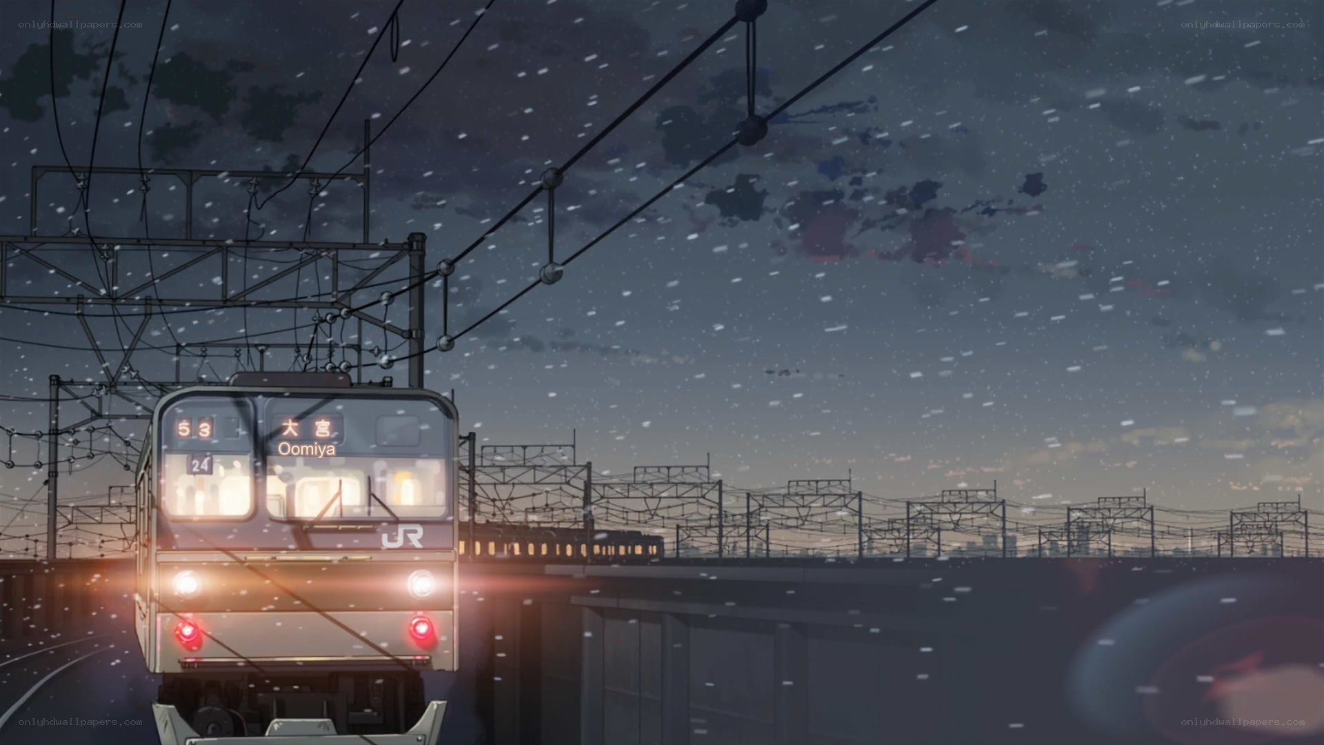 Train at dusk in the rain