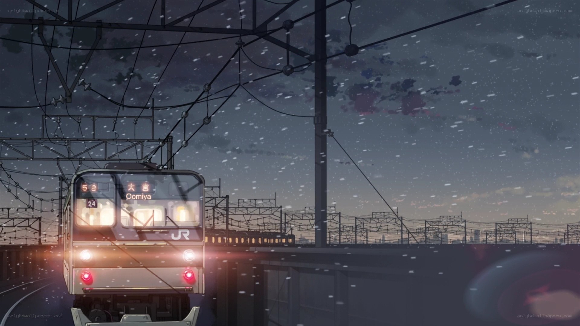 Train at dusk in the rain