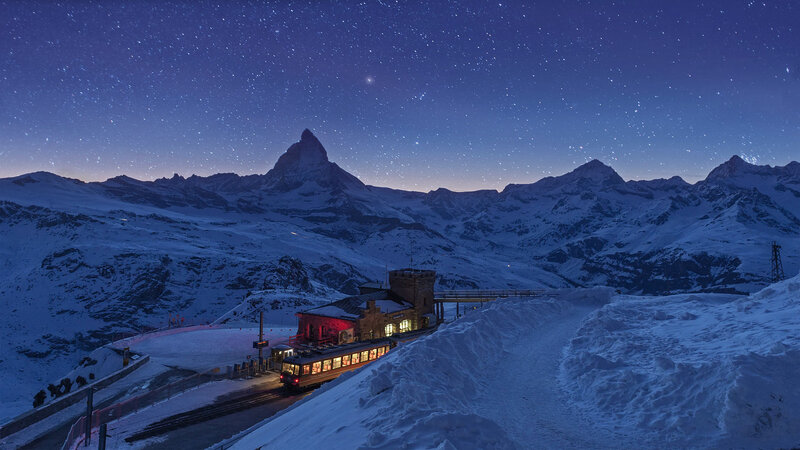 Train at Mountain Station — Blue, Serene, Night