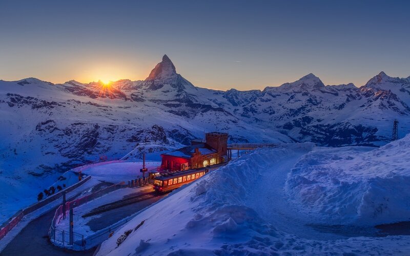 Train at Mountain Station — Blue, Serene