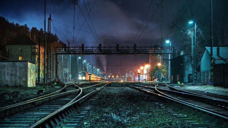 Train at Night — Blue, Dark, Photograph, Tracks