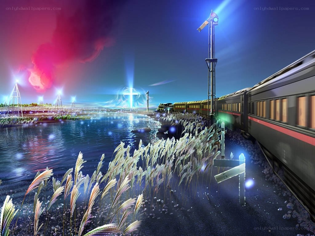 Train at night by the river