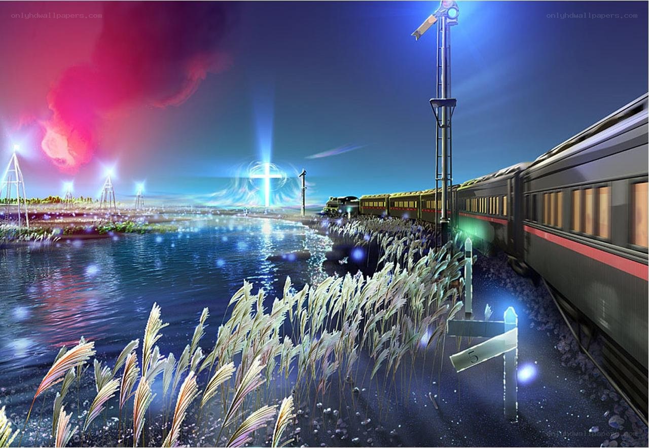 Train at night by the water