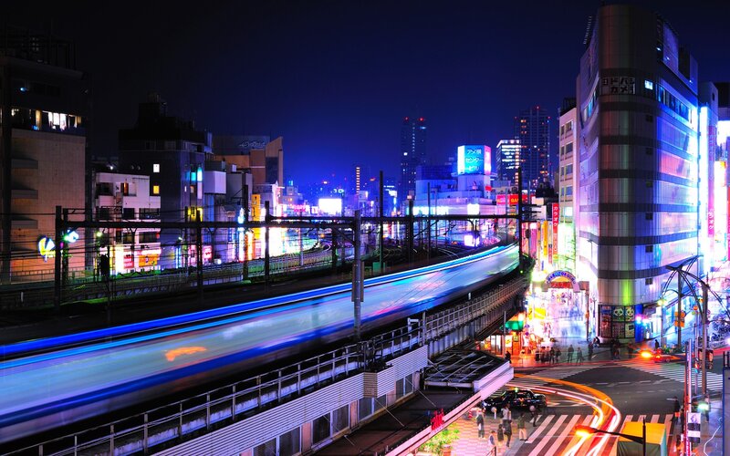 Train at Night in City — Blue