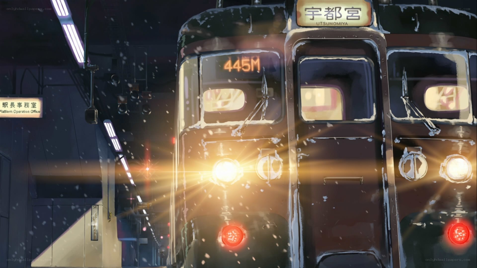 Train at night in the snow