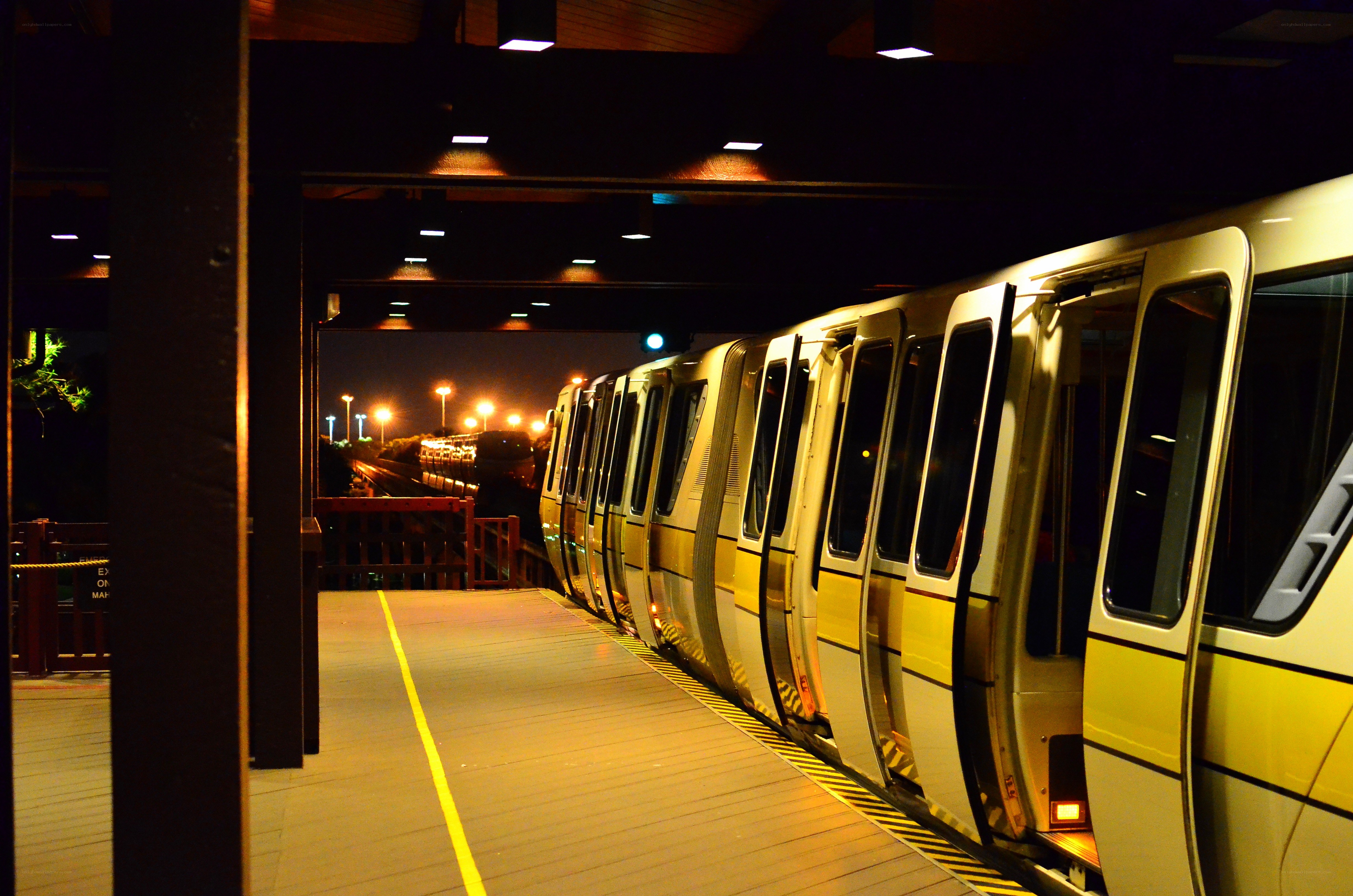 Train at night on a station platform