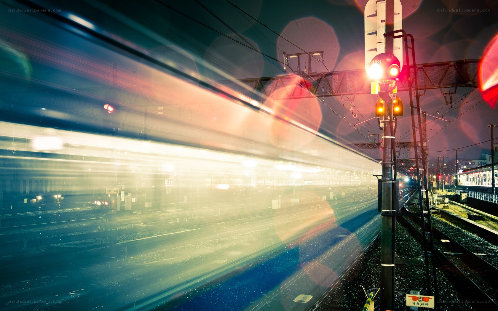 Train at night with light trails