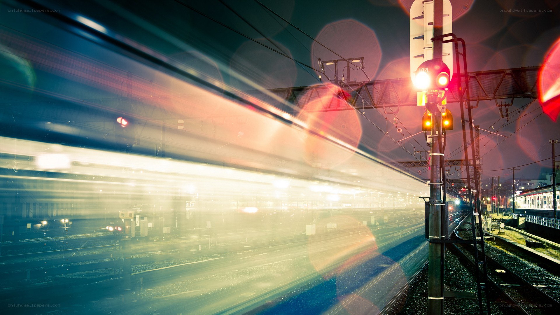 Train at night with light trails