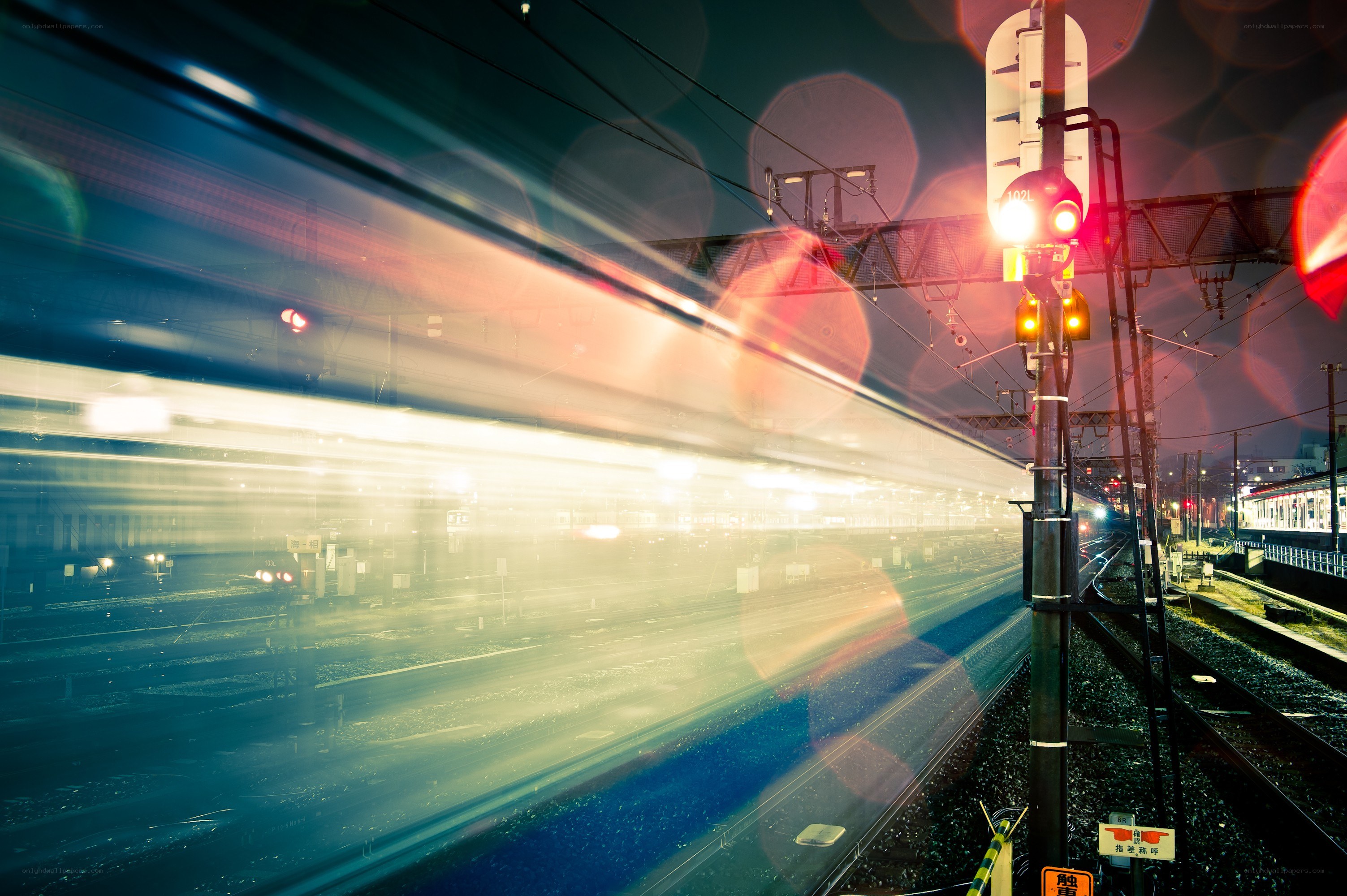 Train at night with light trails