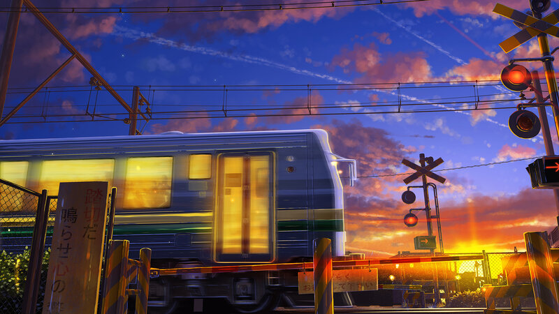 Train at Railroad Crossing — Blue