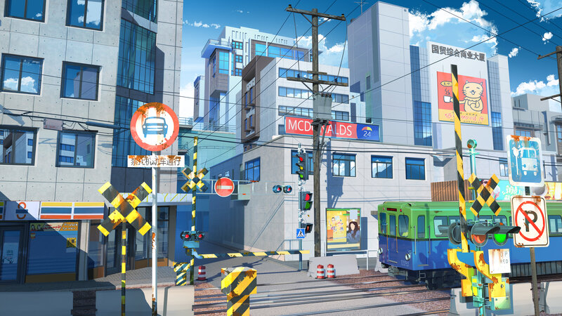 Train at Railroad Crossing — Blue, Urban