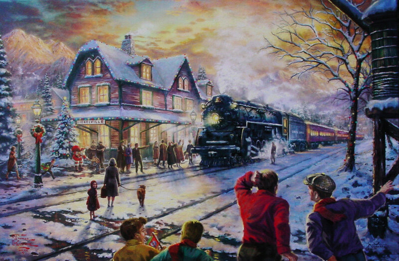 Train at Snowy Station — Blue, Festive