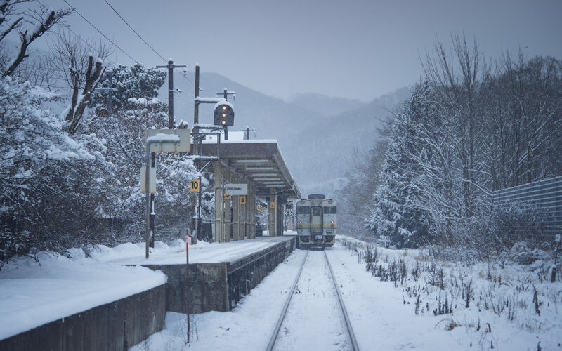 Train at Snowy Station — White, Cold, Winter