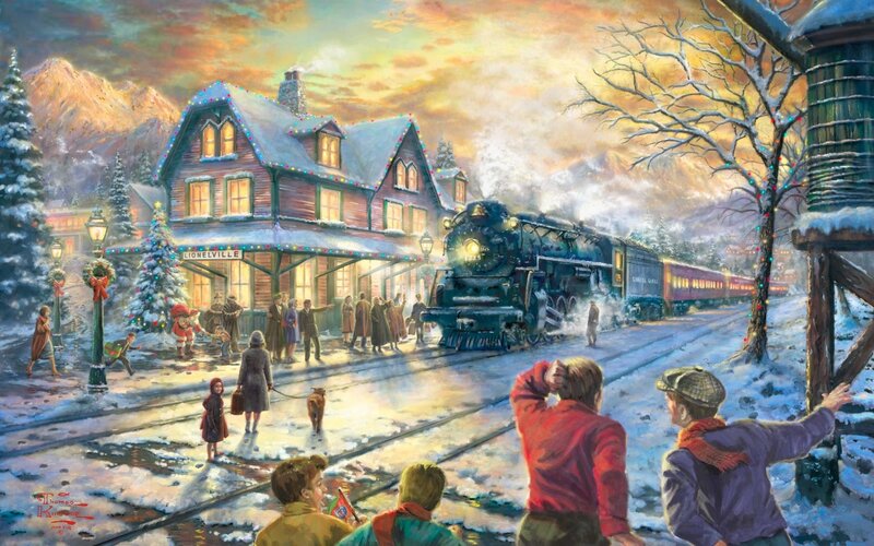 Train at Snowy Station — White, Festive