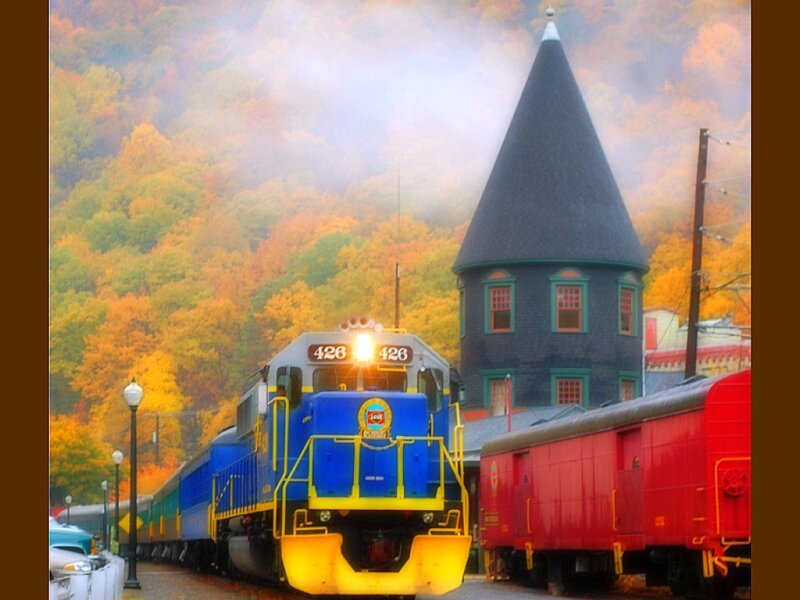 Train at station in autumn