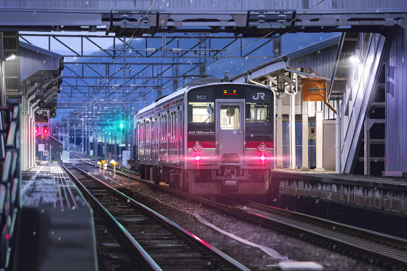 Train at Station in Snow — Blue