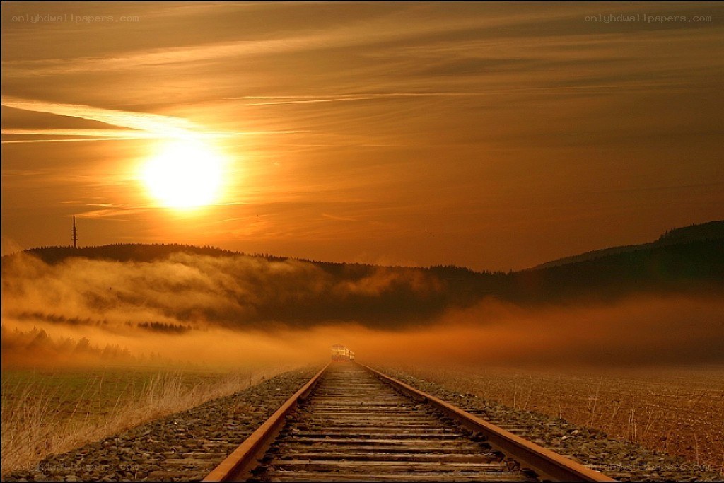 Train at sunset in fog