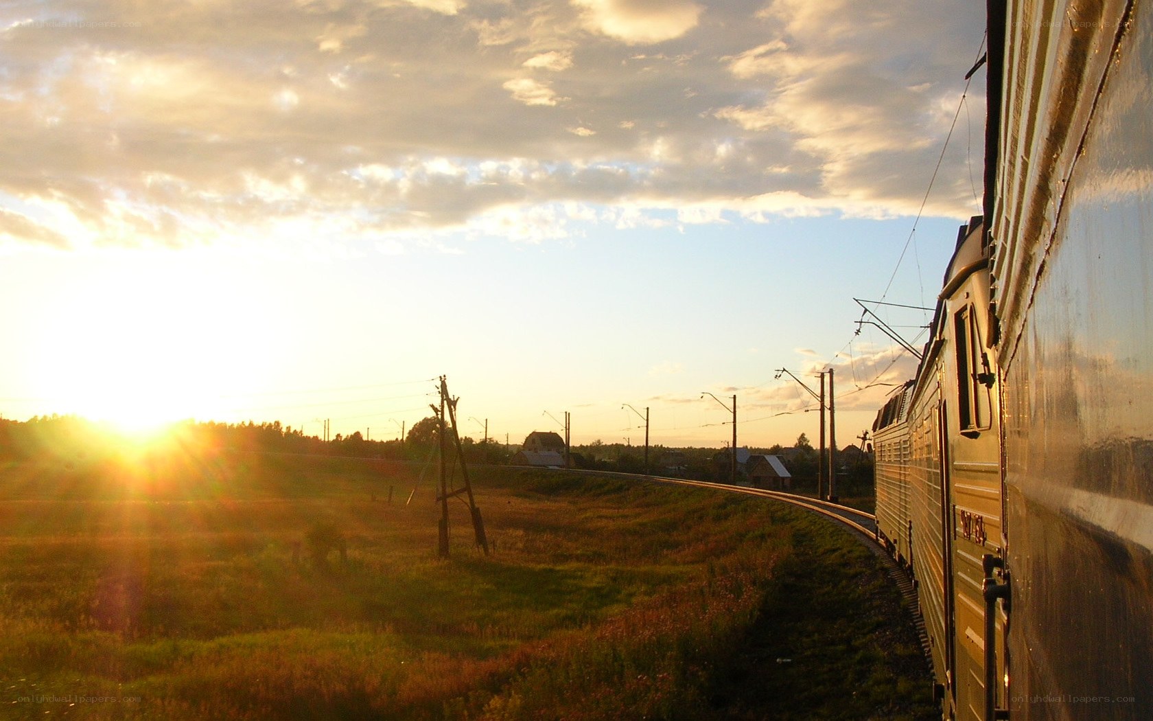 Train at sunset in the countryside