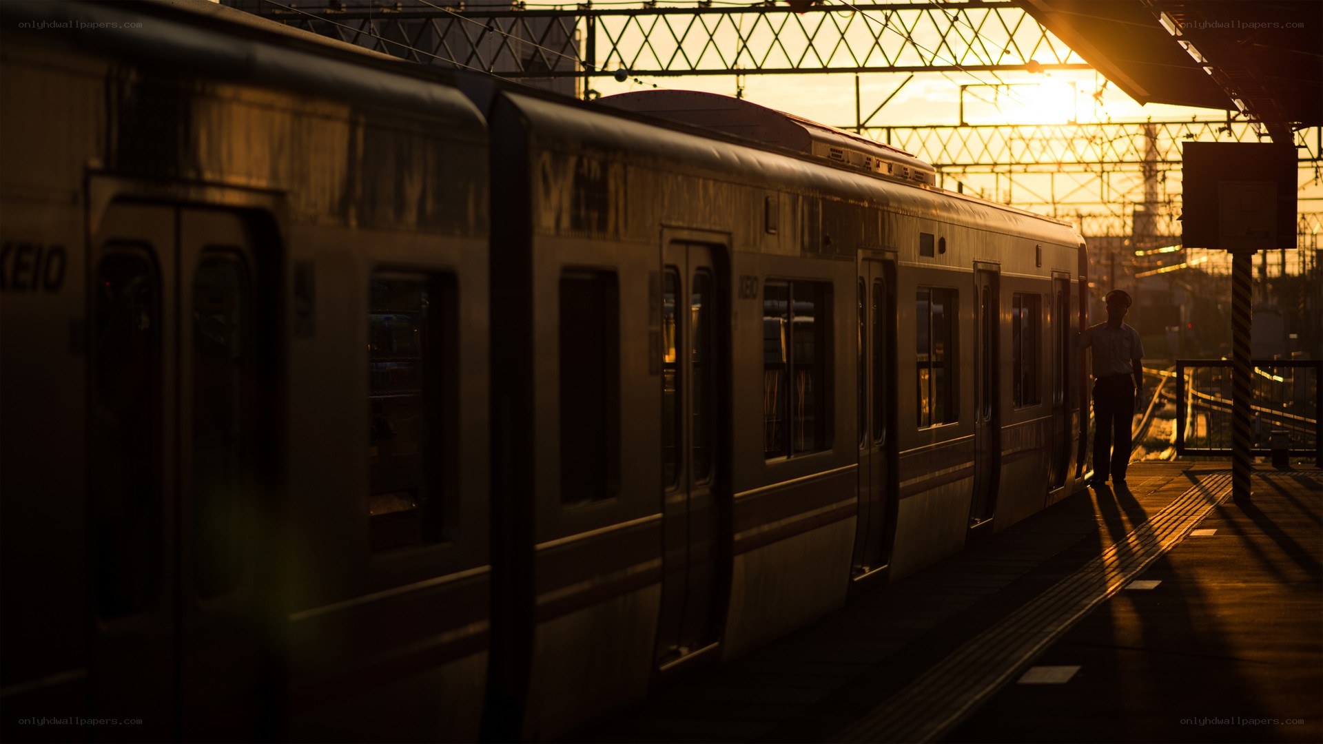 Train at sunset on platform