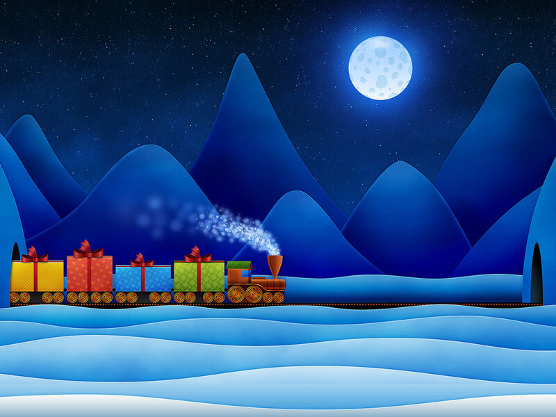 Train Carrying Gifts — Blue, Serene, Night