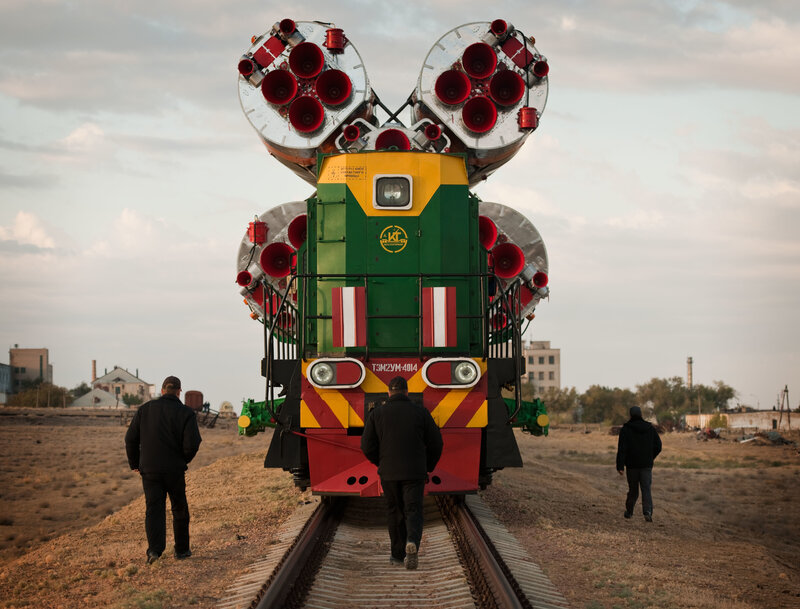 Train carrying rocket boosters