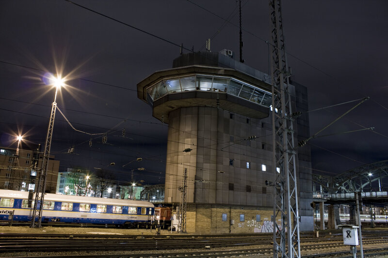 Train control tower at night