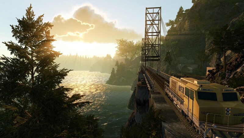 Train crossing a bridge at sunset