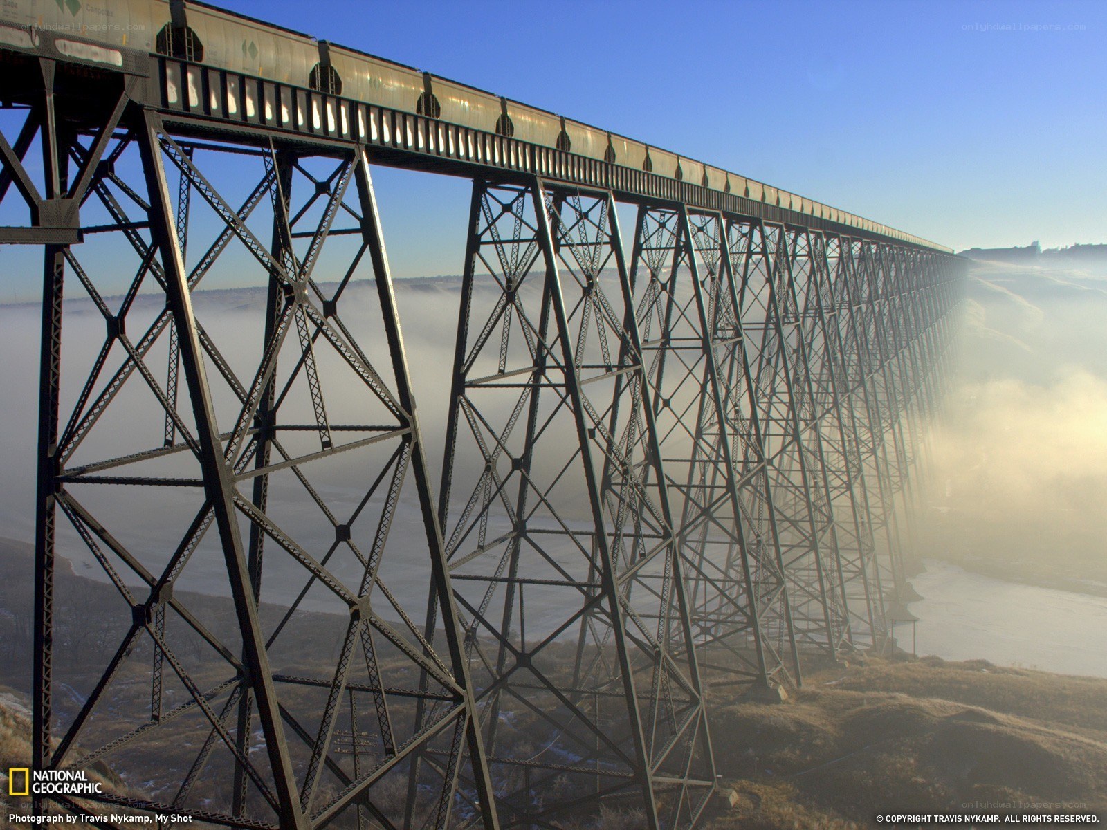 Train crossing a high trestle bridge