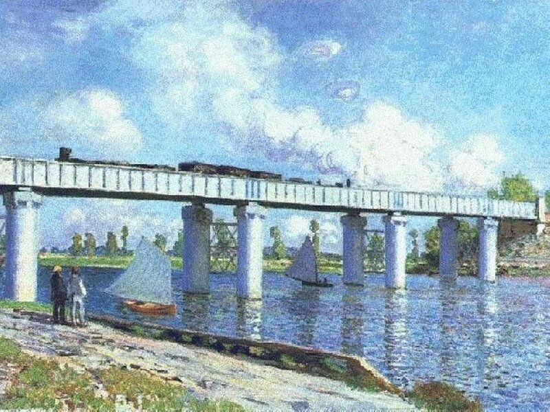 Train crossing a river bridge