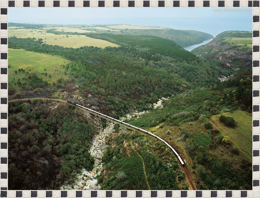 Train crossing a scenic bridge