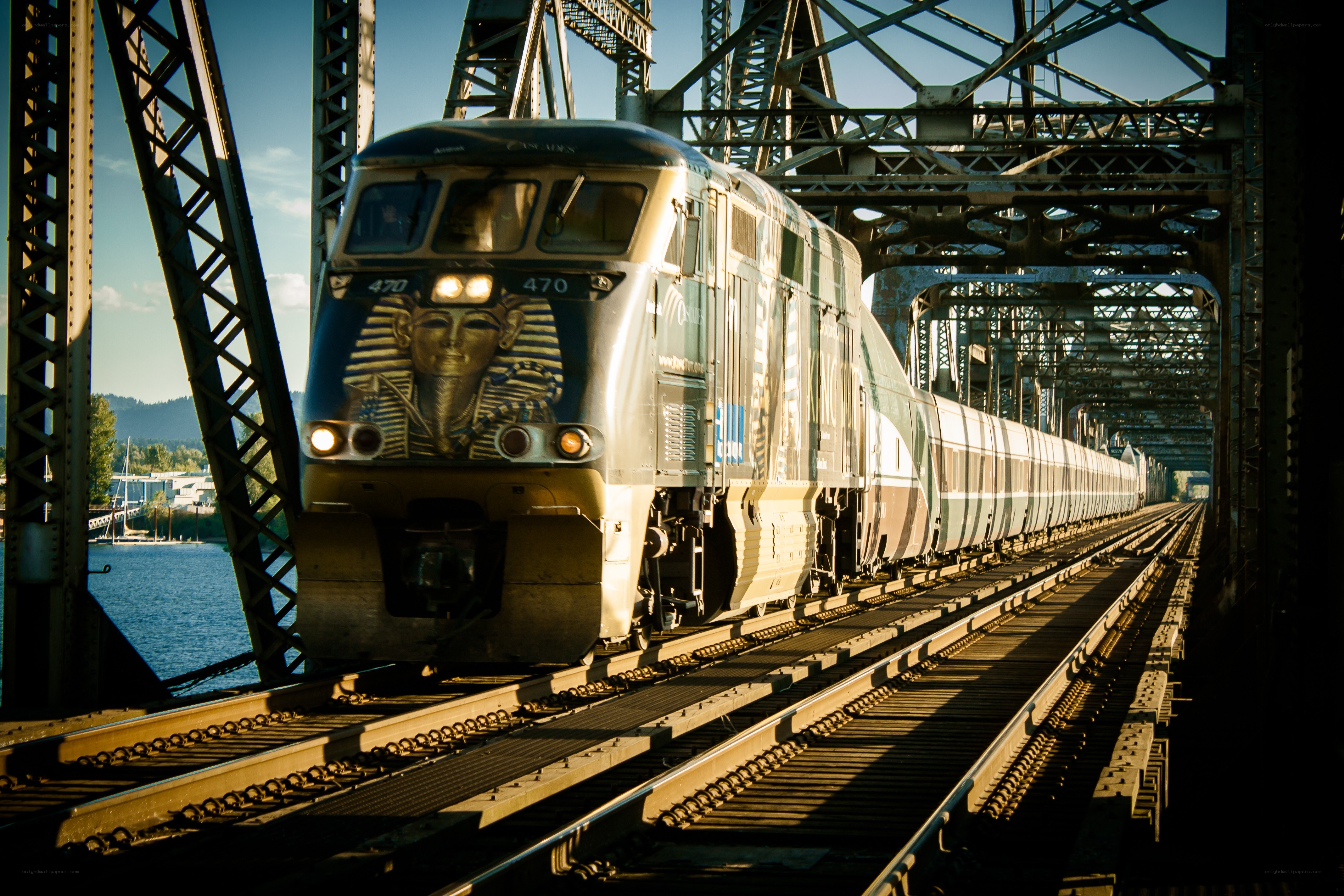 Train crossing a steel bridge