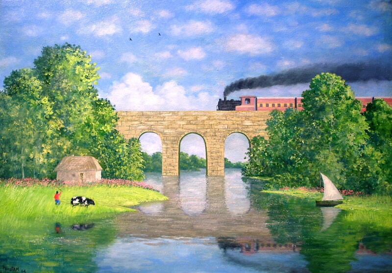 Train crossing a stone bridge