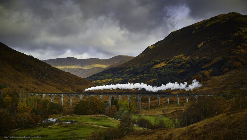 Train crossing a viaduct in the Highlands