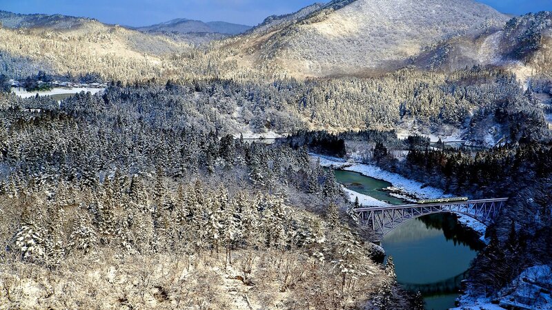 Train Crossing Bridge — Blue, Serene
