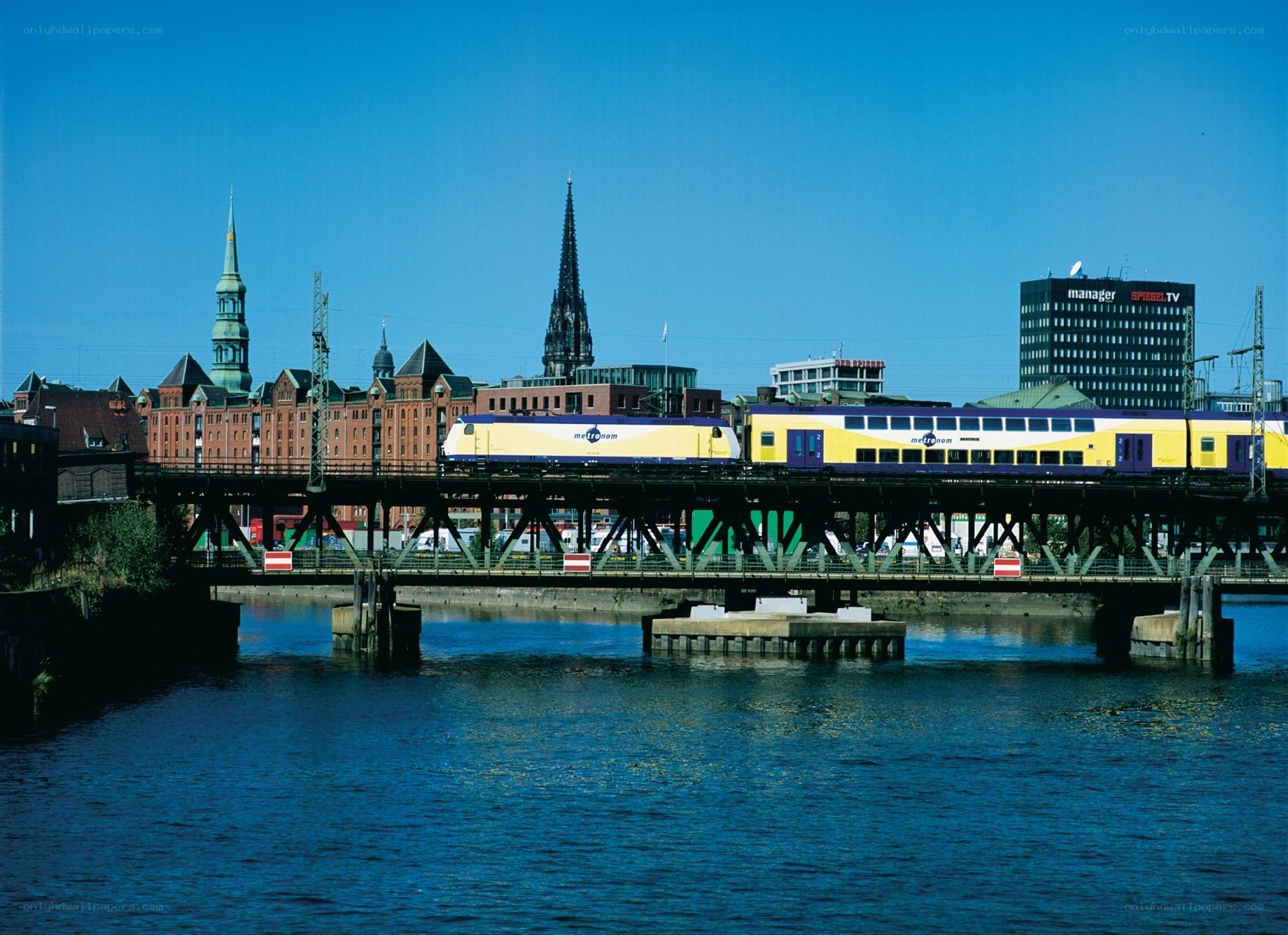 Train crossing bridge in Hamburg