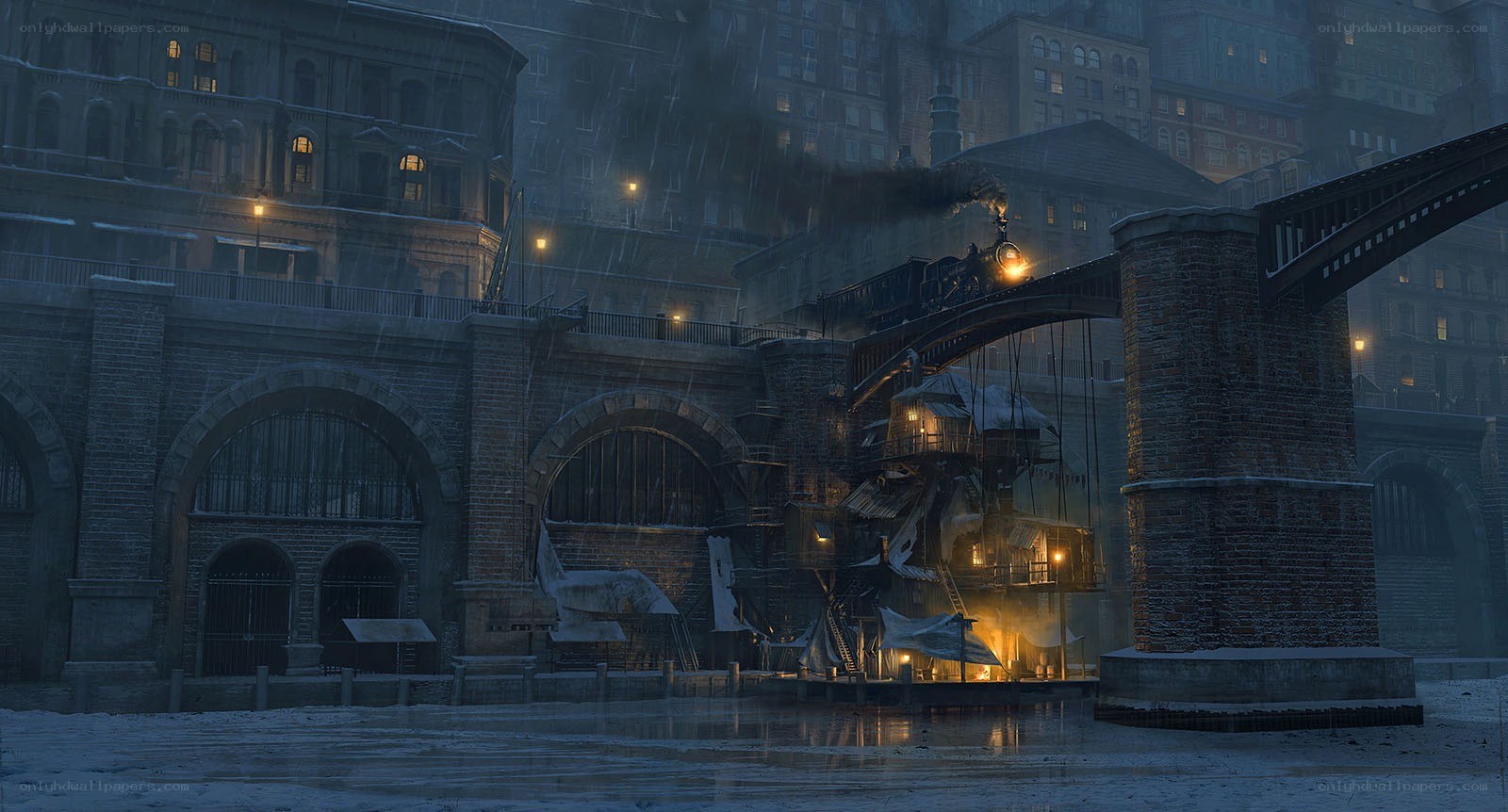Train crossing bridge in snowy city