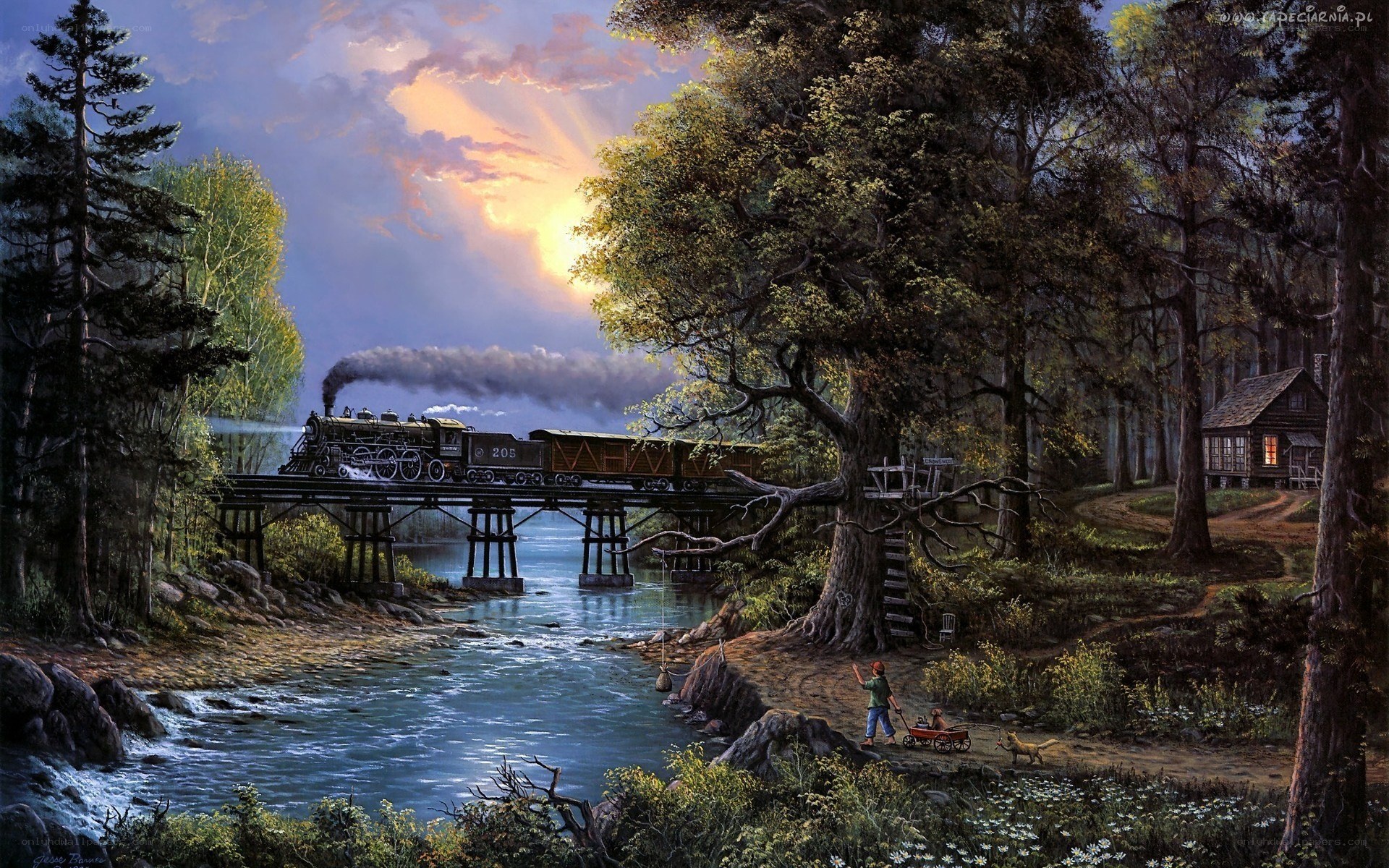 Train crossing forest bridge