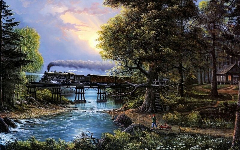 Train Crossing River Bridge — Blue
