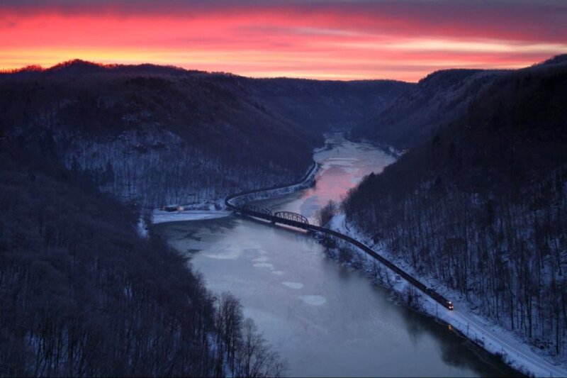 Train Crossing River Bridge — Red