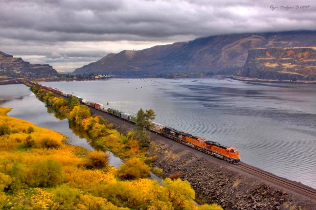 Train crossing river in autumn