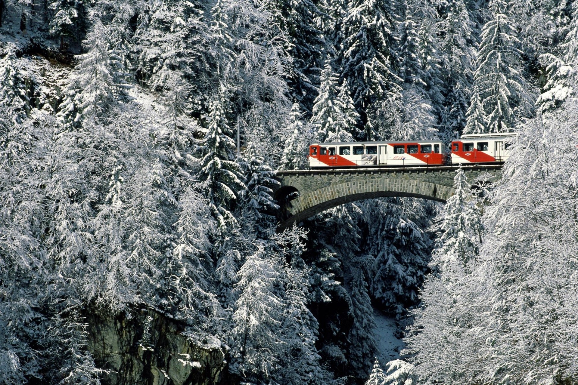 Train crossing snowy bridge