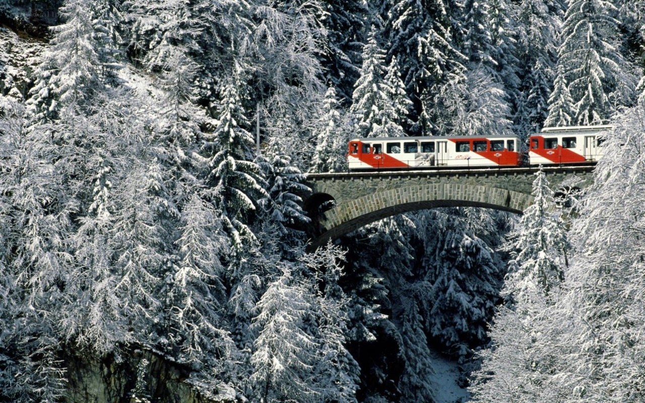 Train crossing snowy bridge