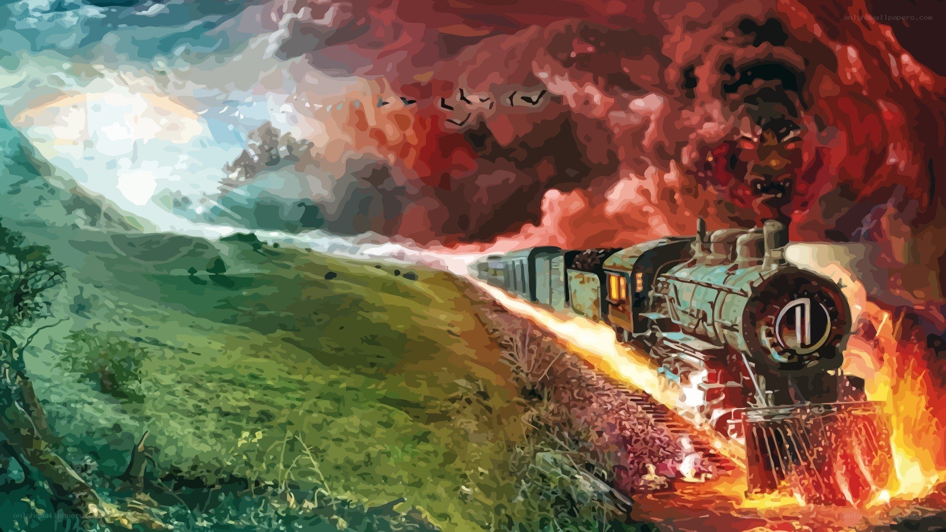 Train emerging from fiery tunnel
