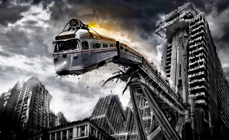 Train Flying over City