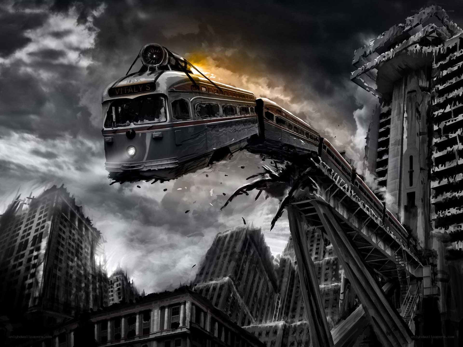 Train flying over ruined city